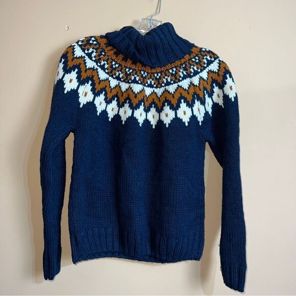 Rachel Zoe Navy Cream Mustard Fair Isle Cowl Neck Acrylic Knitted Sweater - Picture 8 of 10